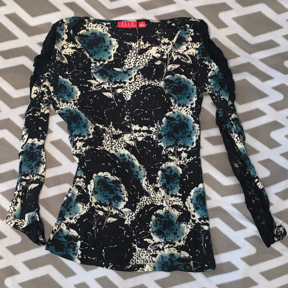 Black white blue floral pattern long sleeve top